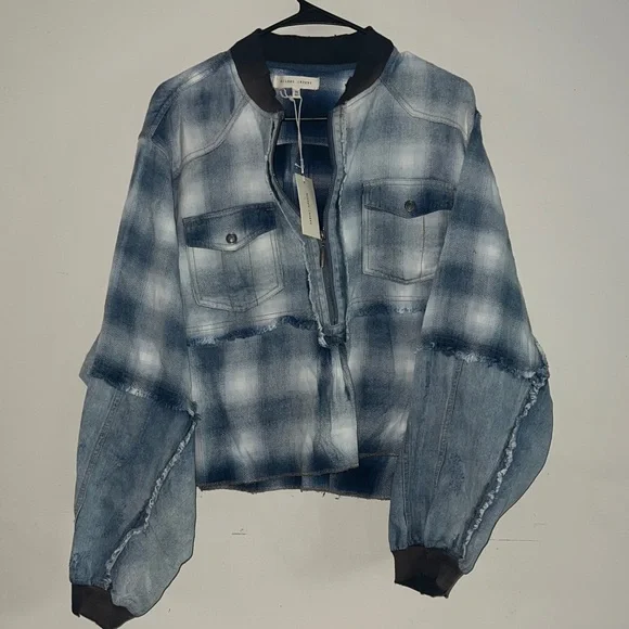 Gilded Intent Distressed Blue Checkered Denim Jacket medium NWT - Picture 3 of 8